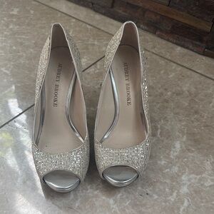 Audrey Brooke Silver Glitter Peep Toe Heels